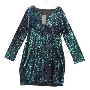 NWT In'Voland Black Blue-Green Sequin Sheath Dress Plus Sz 16W Knee-Length Glam
